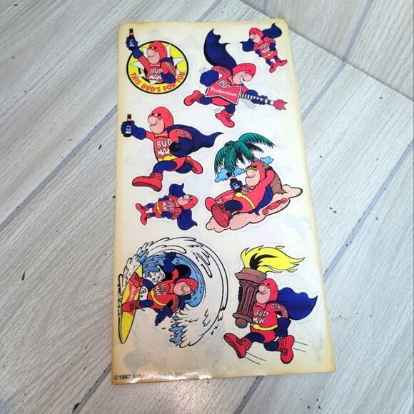 Vtg 1987 Set Of 5 Bud Man Sticker Sheets 1 Sticker Missing Beer Mancave Bar - Picture 2 of 4